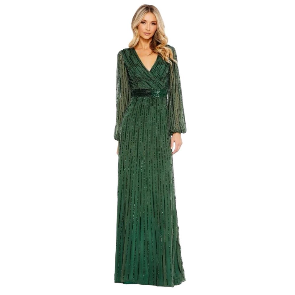 Mac Duggal 5718 Long Sleeve Sequin Gown Dark Green Size 4 $598